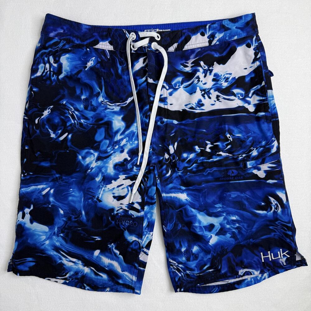 Huk Board Shorts Mens 34 Blue Water Camo Swim Trunks Quick Dry Fishing Outdoor